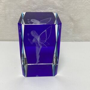 Crystal Fairy Figurine Paperweight Blue Accents Prism Etched Glass